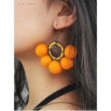 Milaad yellow orange wool ball earrings silver needle fan-shaped ear pendant female temperament without ear hole vacation invia original