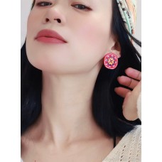 Red colored flower round earrings female 925 silver pin 2023 new vacation earrings Bohemian style earrings jewelry