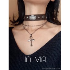 Vintage leather rivet punk multi-layer cross collarbone necklace, spicy girl's unique splicing choker necklace, unisex