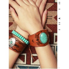 Melaad ethnic Bohemian style Native American wrist accessory wide bracelet scar cover tribal genuine leather turquoise bracelet